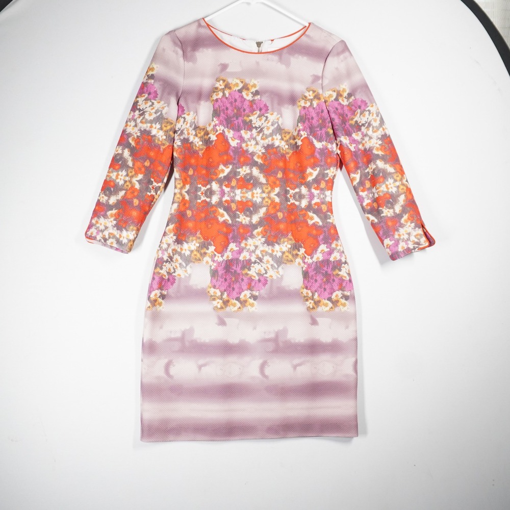 Belle Badgley Mischka Sheath Dress Womens 8 Purple Floral Scuba Kaleidoscope Mod